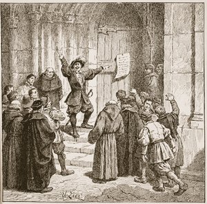 Aske affixing his proclamation to the door of York Cathedral, illustration from 